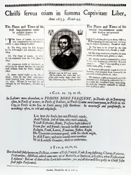 Christi Servus Etiam in Summa Captivitate Liber: una página de una hoja suelta que contiene una lista de lugares y tiempos de los encarcelamientos de John Lilburne (c.1614-57), publicada en 1653